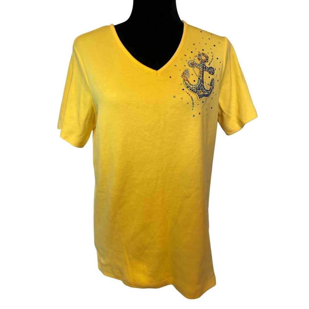 NWT Quacker Factory‎ Yellow V-Neck Tee with Rhinestone Anchor Detail Size Small